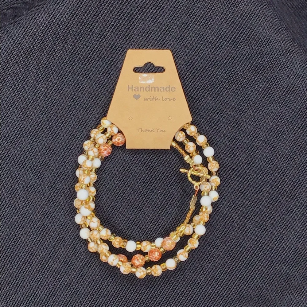 Handmade White and Gold Beaded Necklace, Earring, & Bracelet Set
